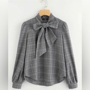 Shein Bow Tie Neck Plaid Blouse